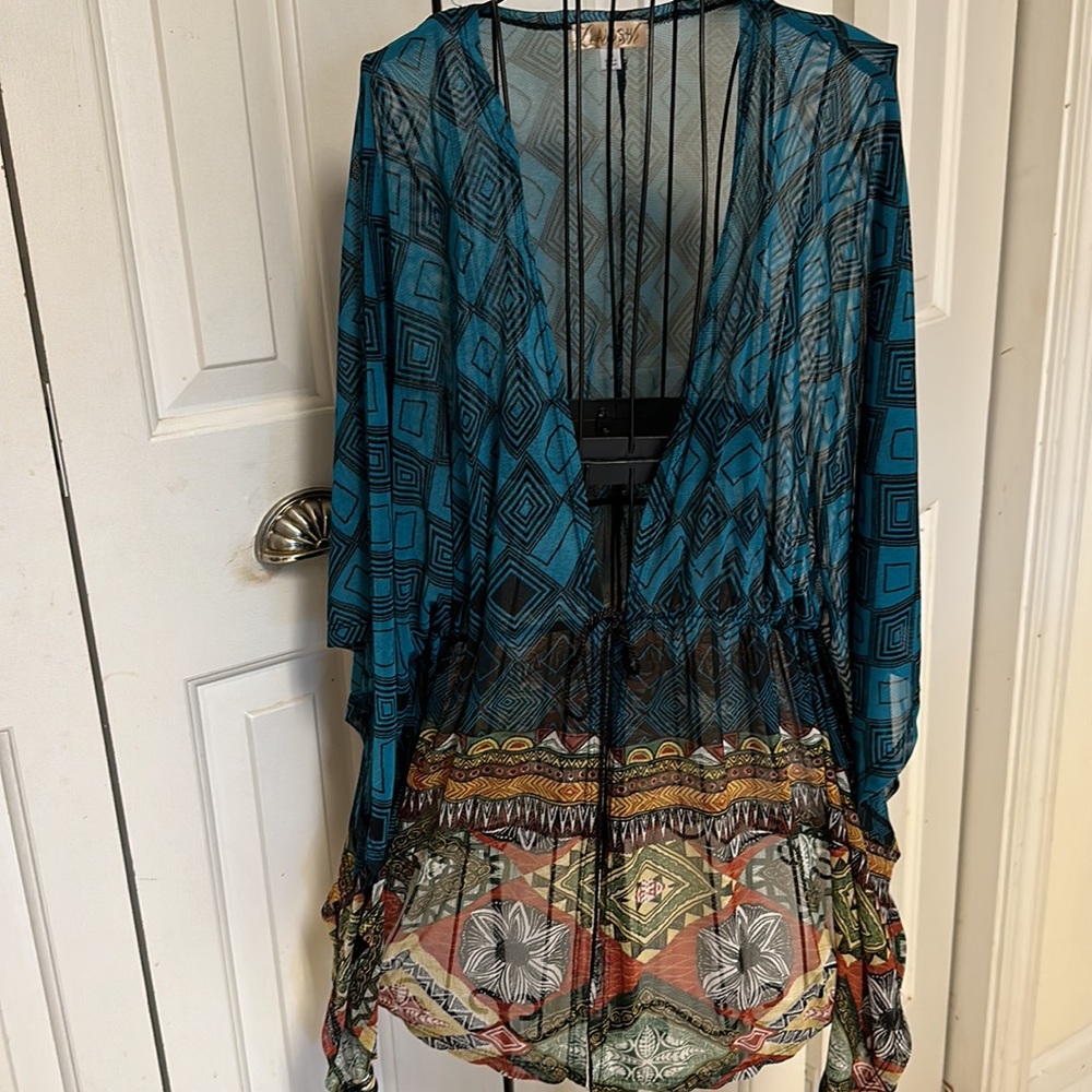 Lavish medium blue multi color Sheer Tie-Waist Drape Sleeve Top